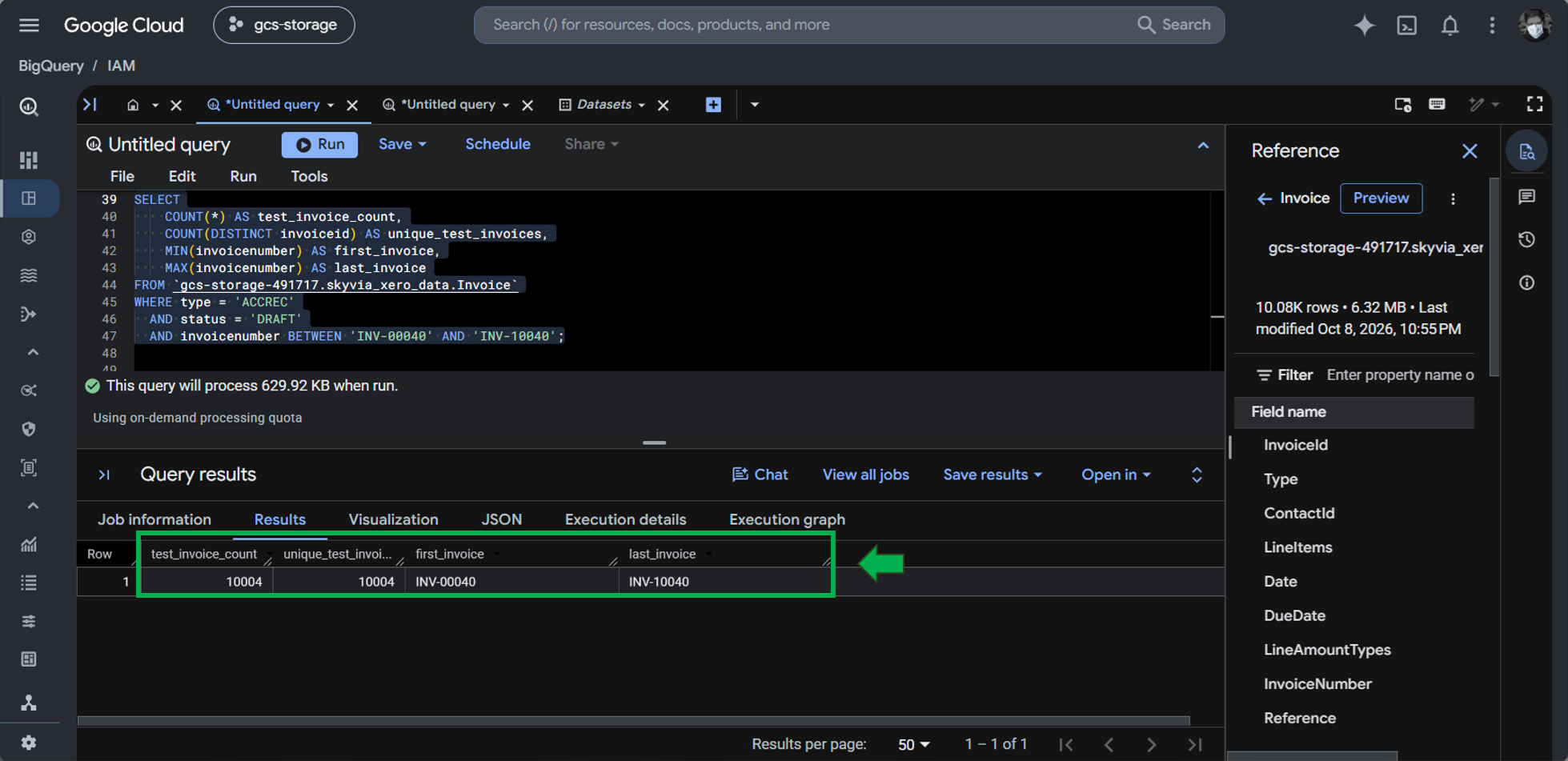 Checking if the 10,000 test invoices have been loaded to BigQuery from the Skyvia pipeline.