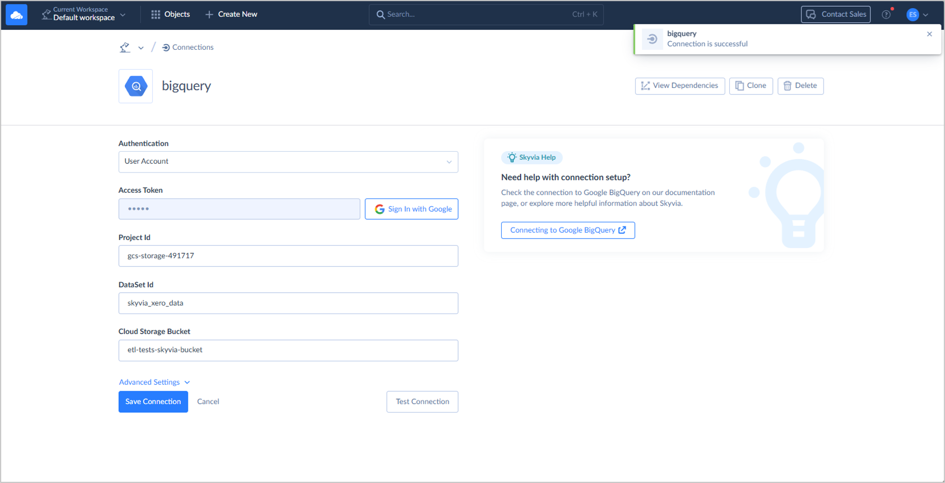 The BigQuery connection setup in Skyvia.