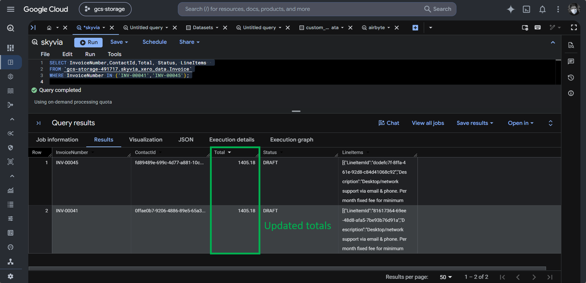 The edited total amount successfully loaded in BigQuery from the Skyvia pipeline.