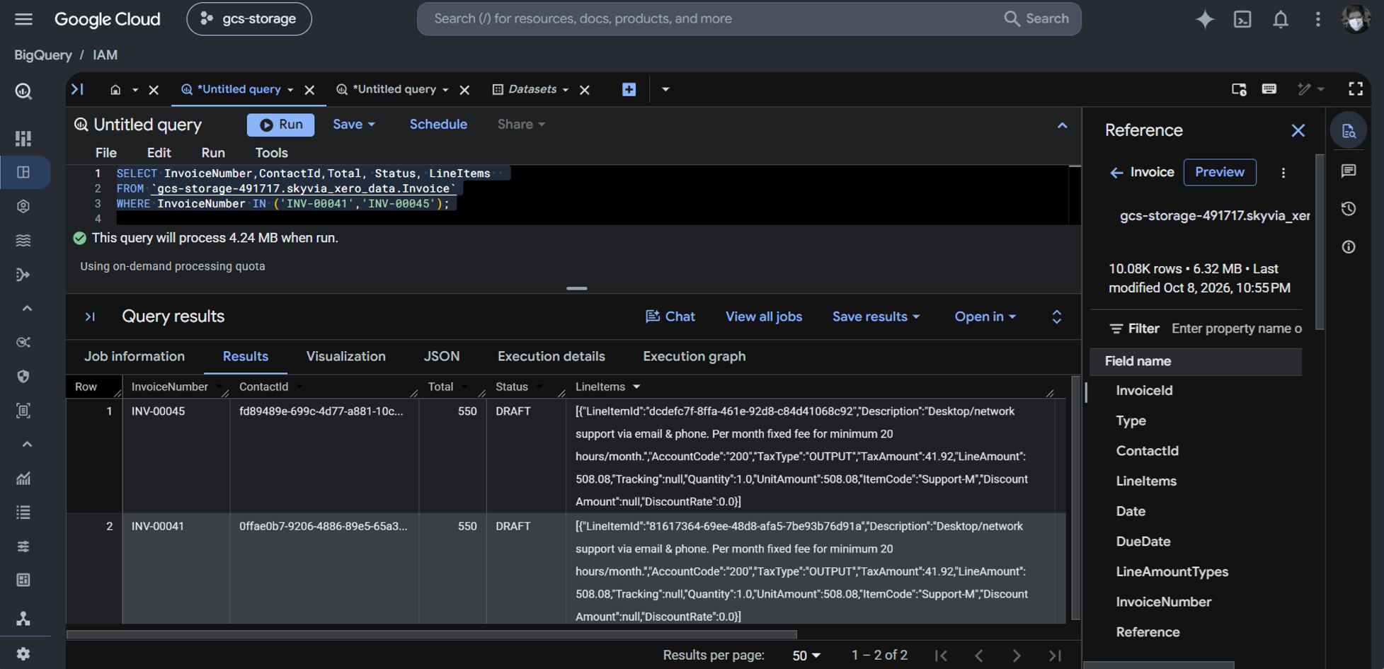 Inspecting some column values for the 2 invoice test case in BigQuery as loaded by the Skyvia pipeline.