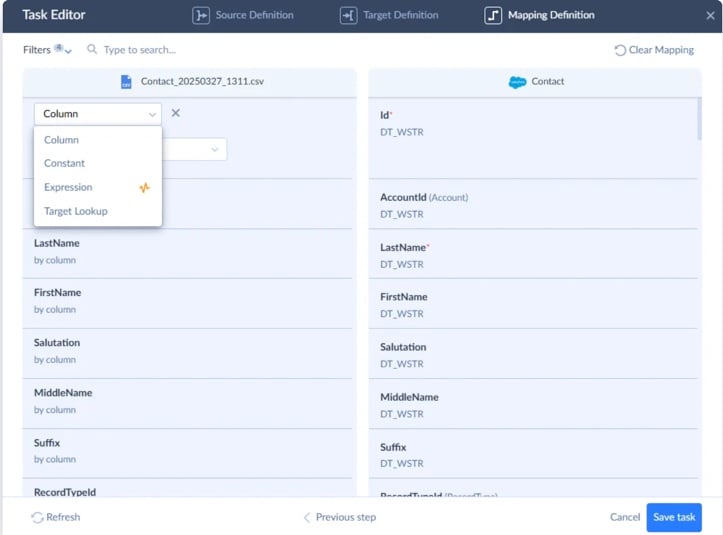 Skyvia Mapping Definition showing CSV fields mapped to Salesforce Contact fields during a data import.