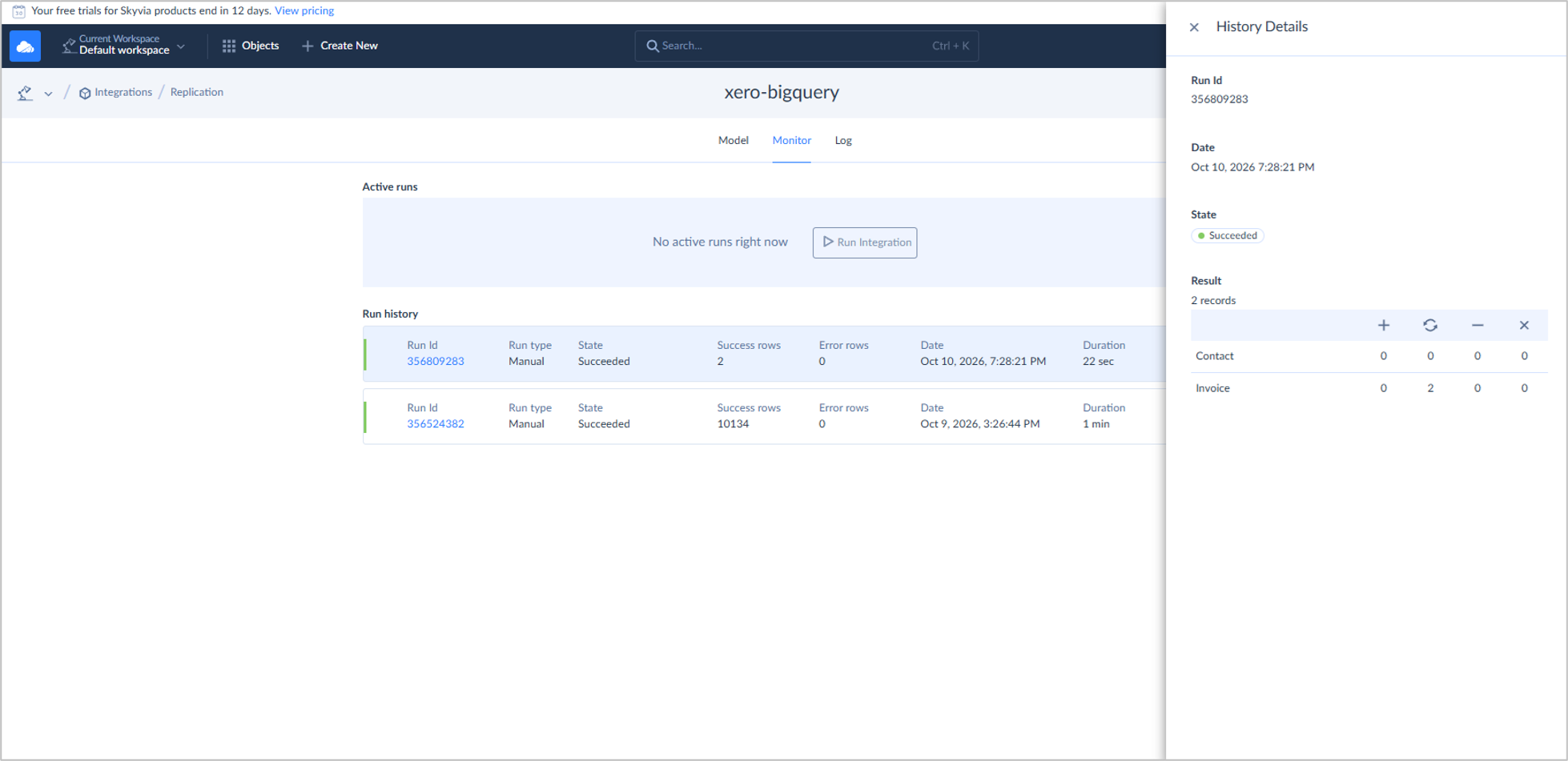 The runtime results of the incremental test in Skyvia.