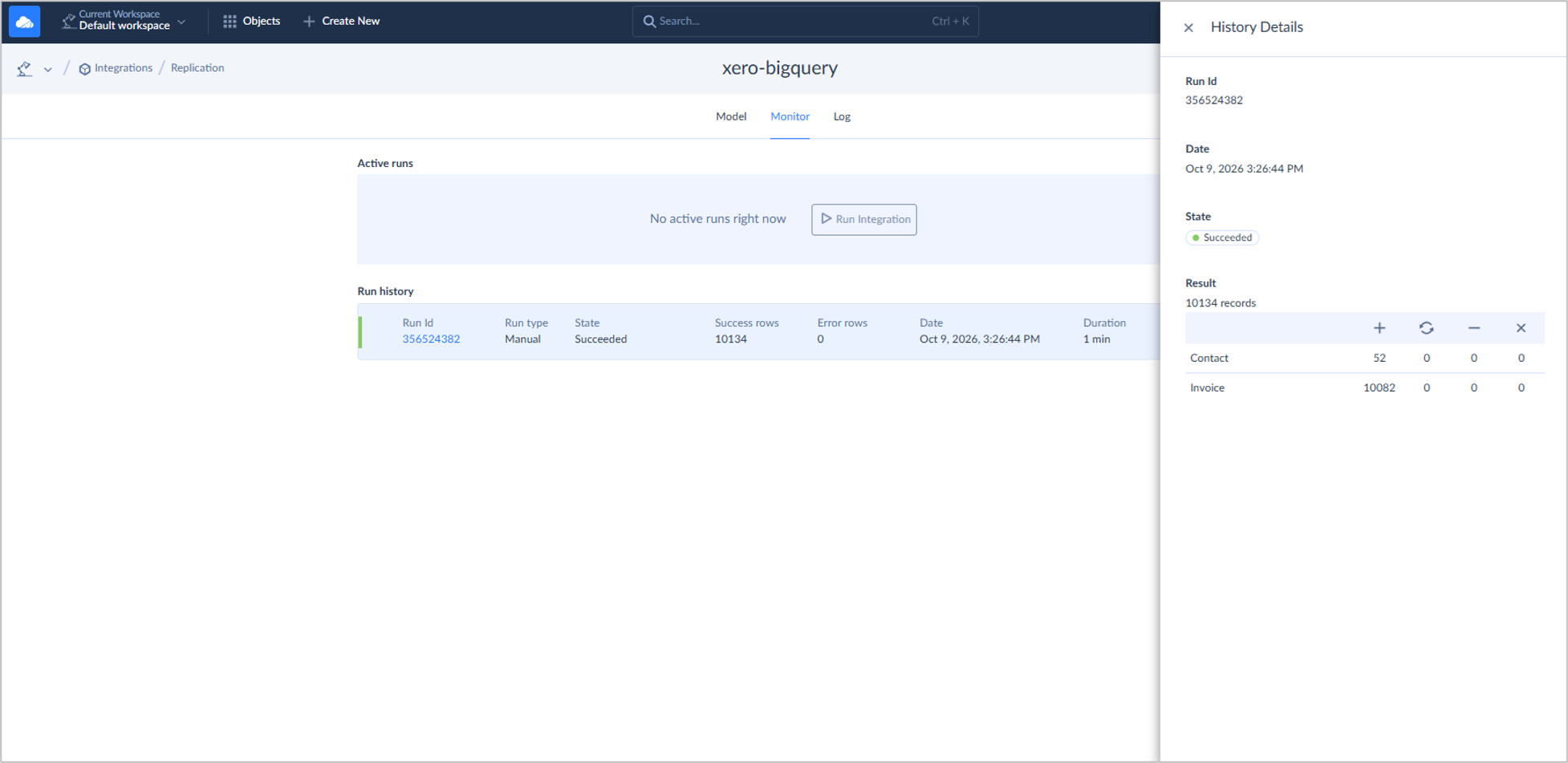 The runtime results of the Xero to BigQuery test in Skyvia.