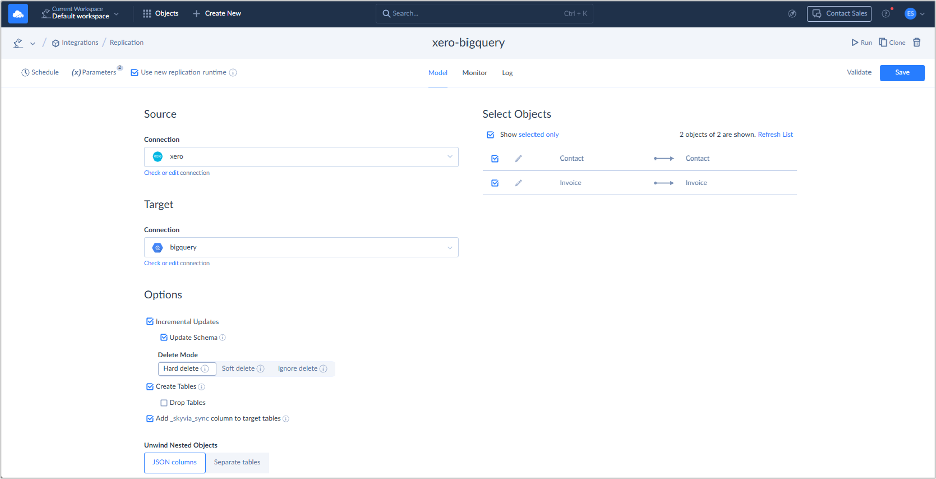 The Skyvia replication integration pipeline for the Xero to BigQuery test.