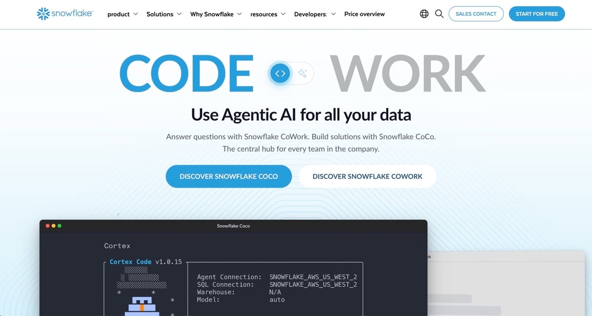 Snowflake homepage highlighting Agentic AI with Snowflake CoCo, CoWork, and Cortex Code.