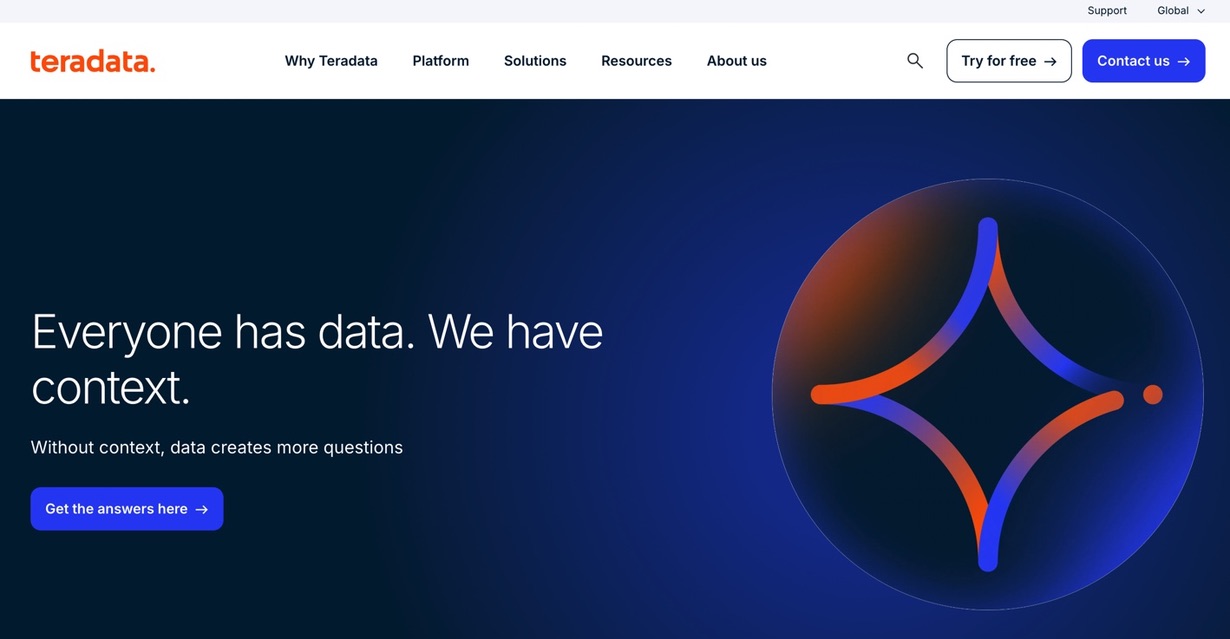 Teradata homepage highlighting its data and analytics platform for adding business context to enterprise data.