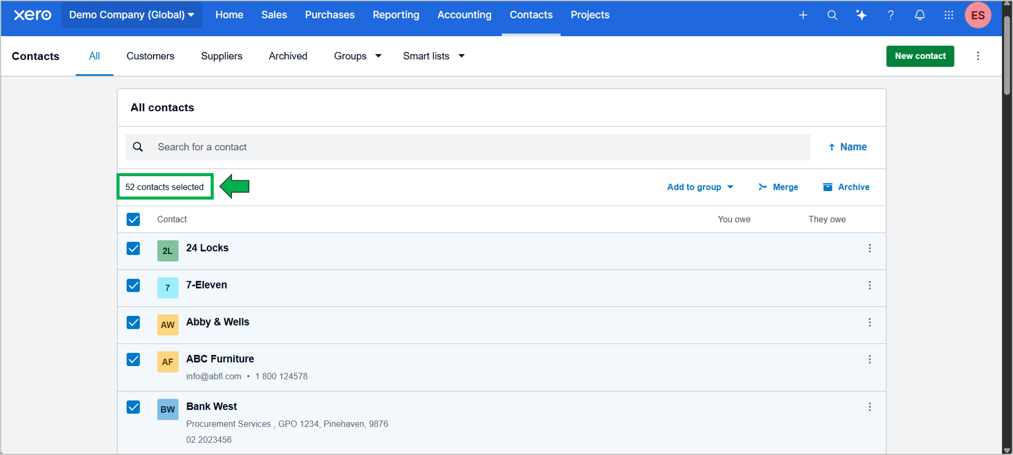 Our sample Xero Contacts for the Xero to BigQuery tests.