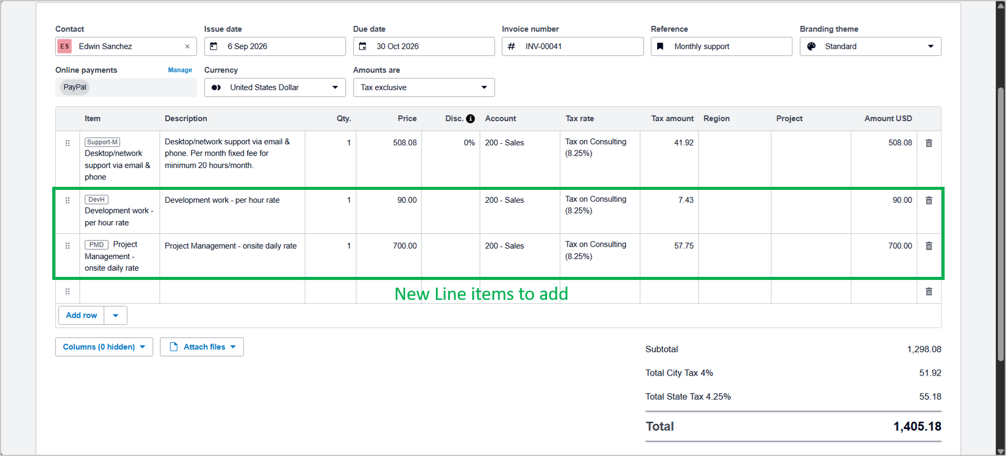 The edited invoice with 2 new line items for the incremental test.
