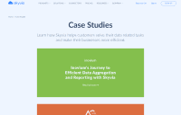 Screenshot of the Skyvia website's Case Studies section, showing the page heading, introductory text and case studies.