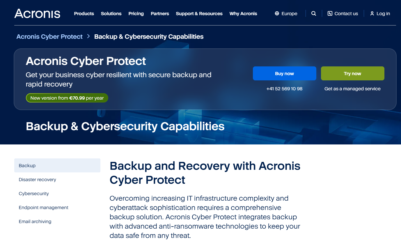 Acronis main page
