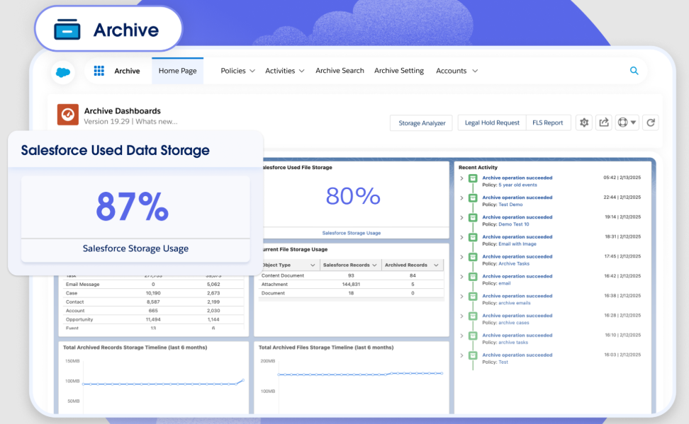 Salesforce Archive tool dashboard showing storage usage and recent activities