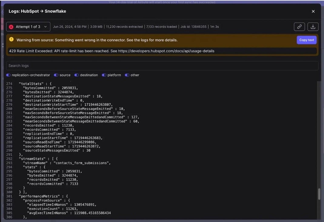 Airbyte Logs view showing a connector warning and API rate limit error during a failed sync job
