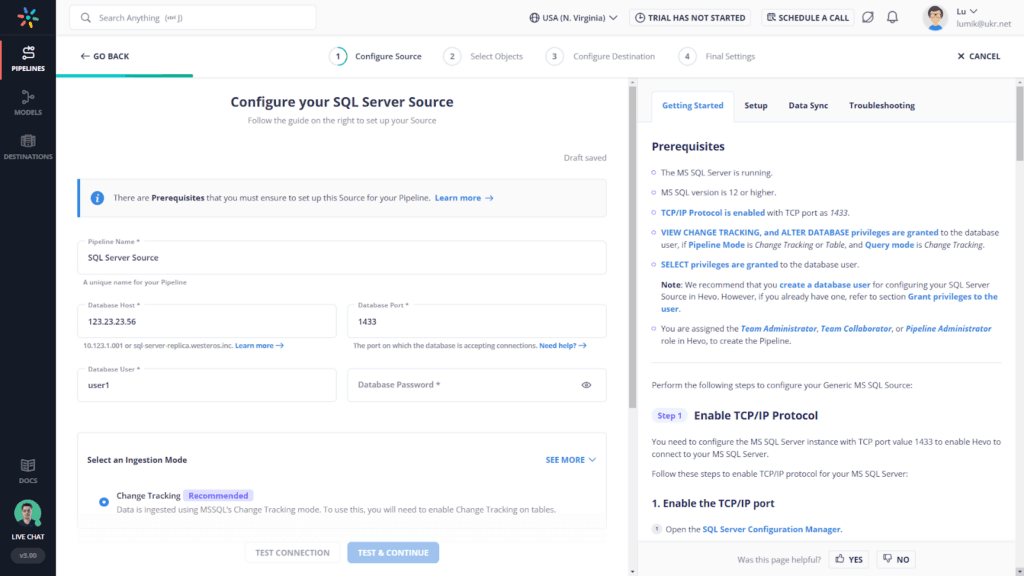 Hevo data pipeline screen