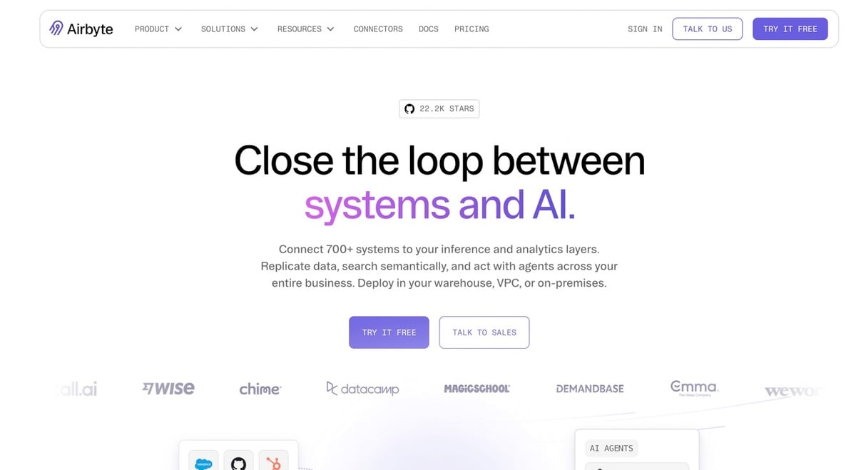 Airbyte homepage showing its data integration platform connecting business systems with analytics and AI applications.