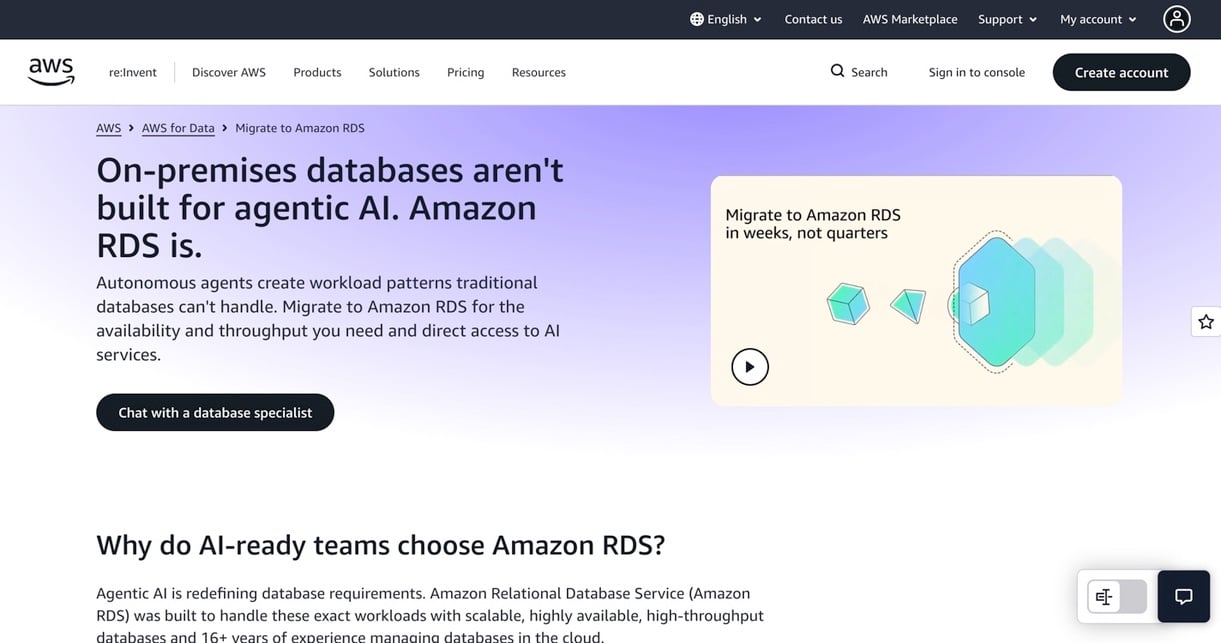 AWS page promoting Amazon RDS for migrating on-premises databases to scalable, highly available cloud database infrastructure.