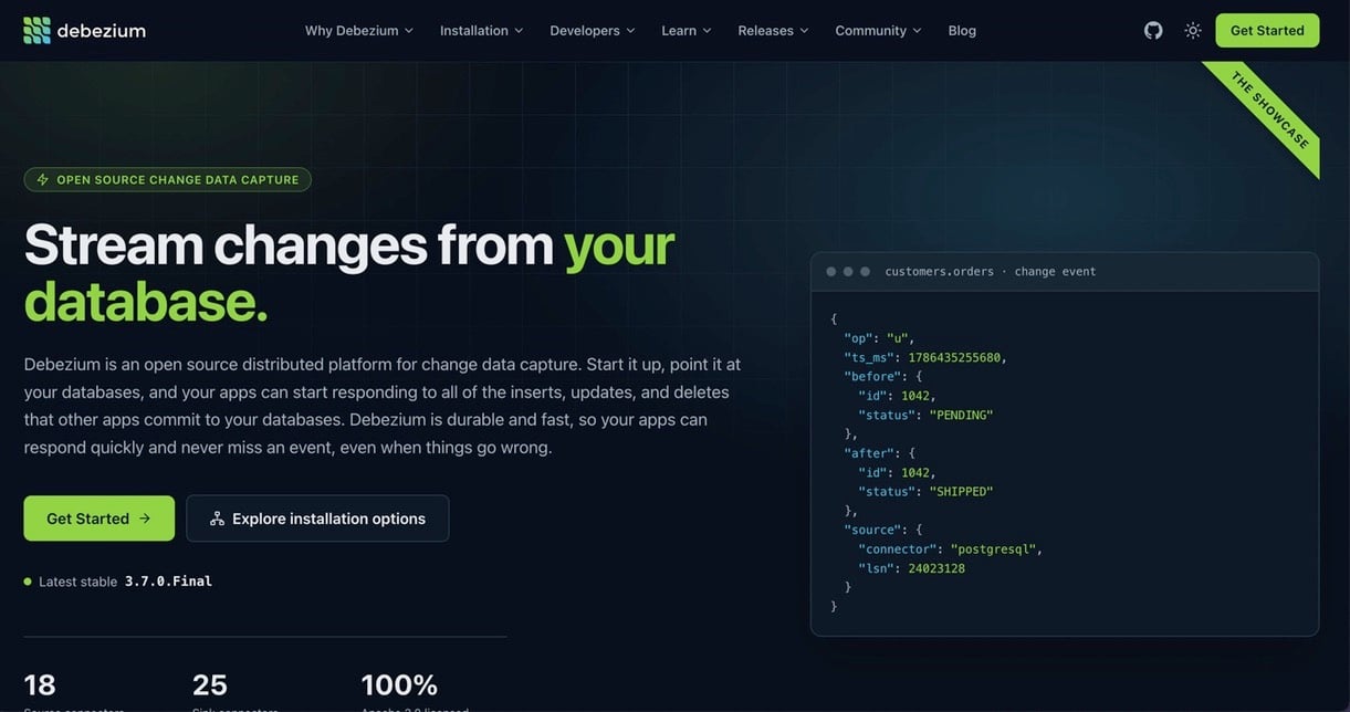 Debezium homepage showing its open-source change data capture platform, database change events, and installation options.