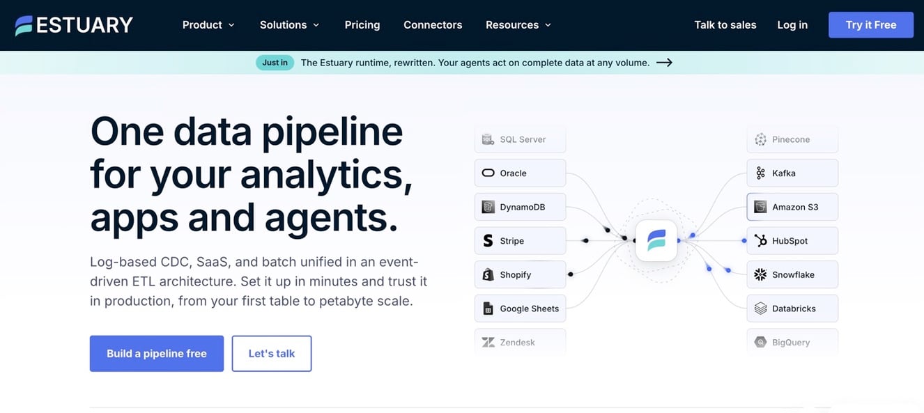 Estuary homepage showing its event-driven data pipeline platform connecting databases, SaaS apps, and cloud data destinations.
