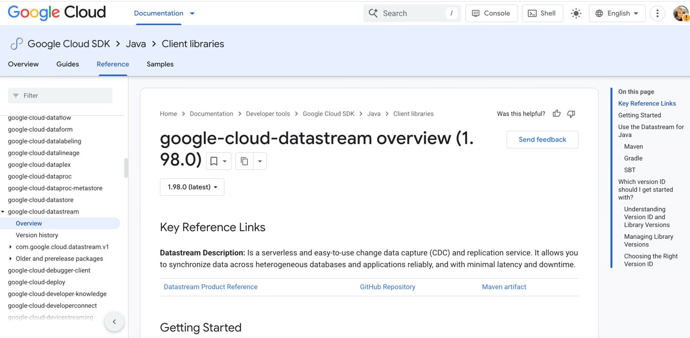 Google Cloud Datastream documentation showing the Java client library overview.