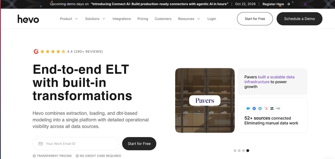 Hevo homepage showing its end-to-end ELT platform with built-in transformations and support for 50+ data sources.