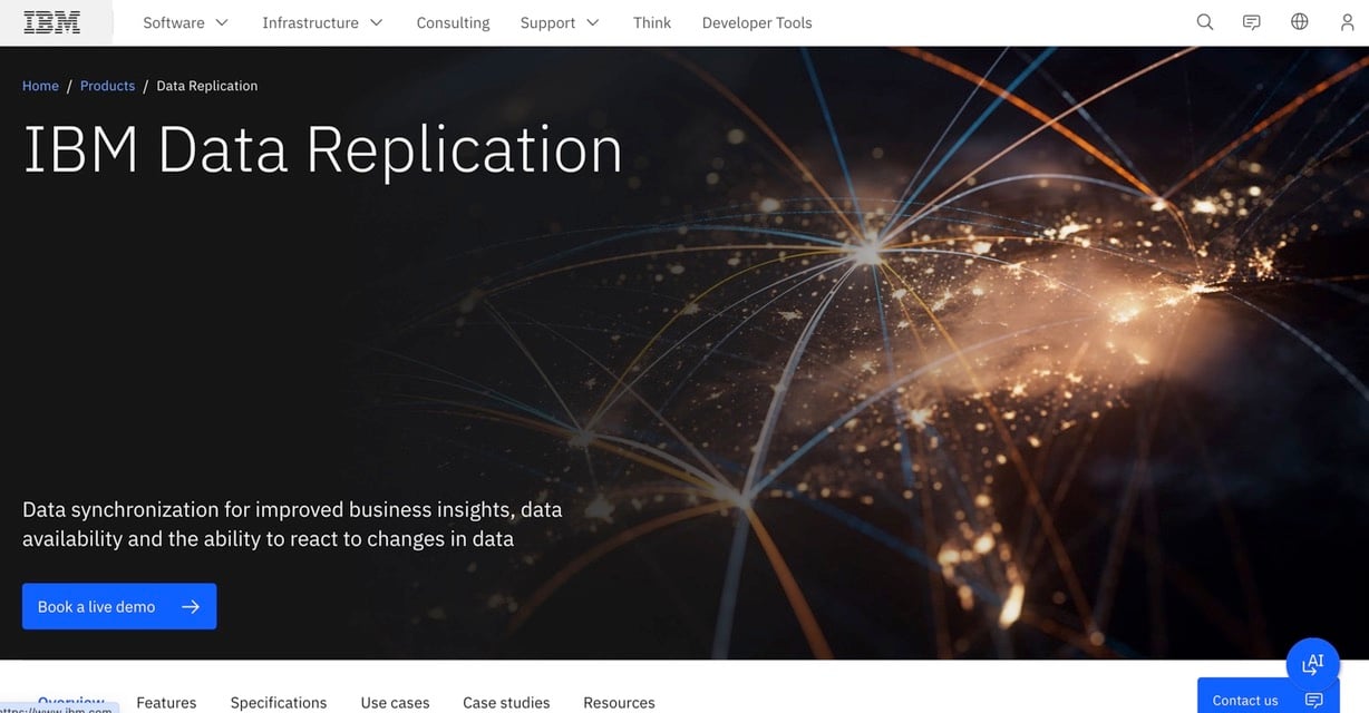 IBM Data Replication product page highlighting data synchronization for improved availability and faster response to data changes.