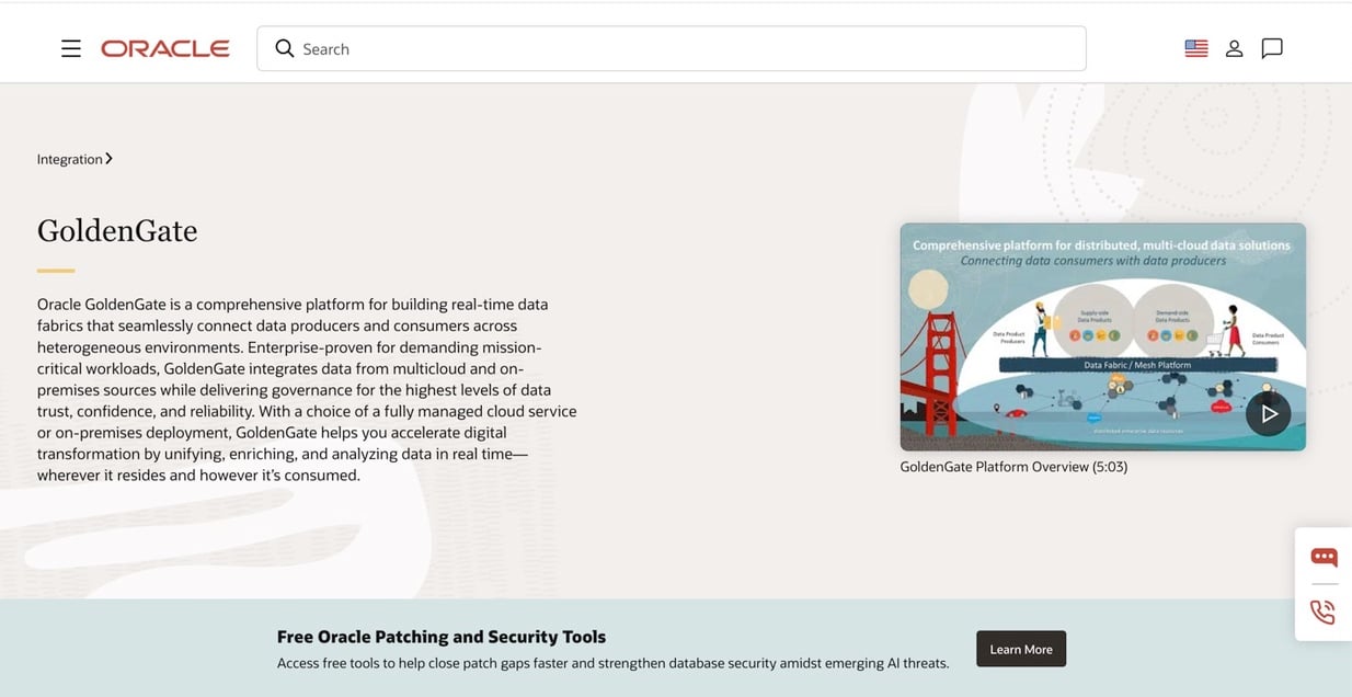 Oracle GoldenGate product page describing its real-time data integration platform for hybrid, multicloud, and on-premises environments.