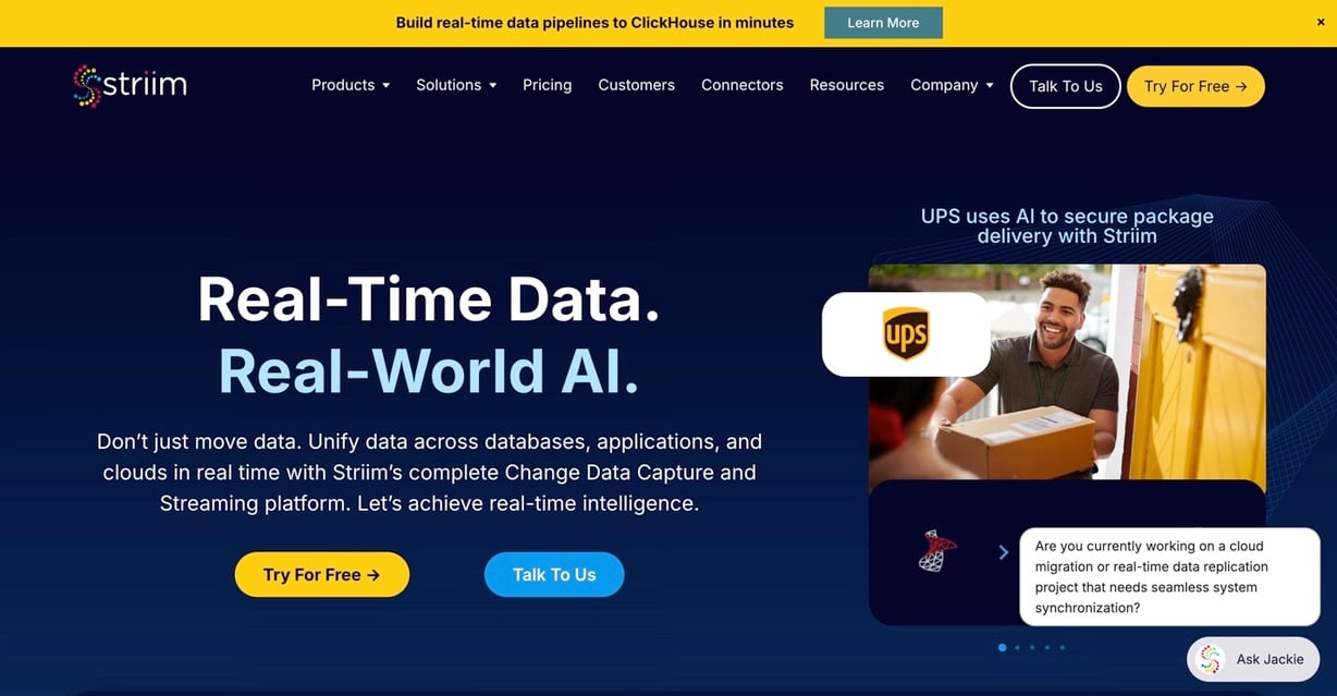 Striim homepage showing its real-time change data capture and streaming platform for databases, applications, and cloud systems.