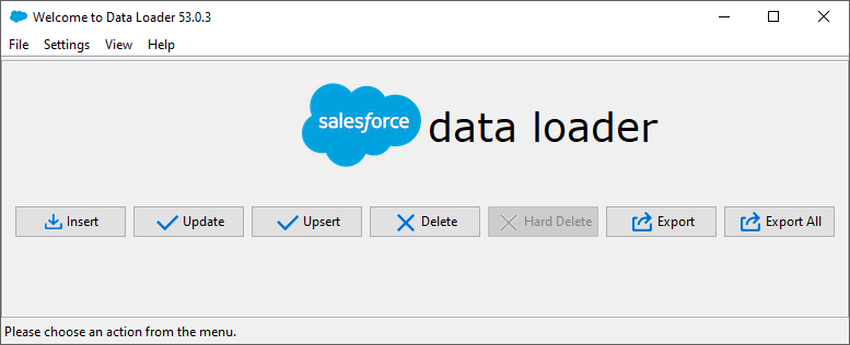 Welcome to Data Loader 53.0.3 window showing Insert, Upsert, Delete, Export, Export All buttons.