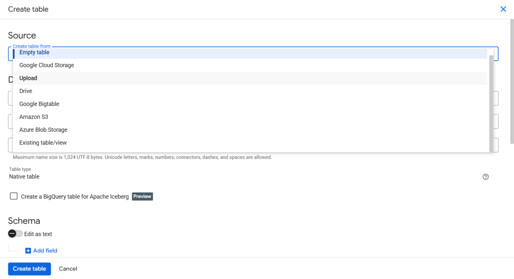 Create table BigQuery