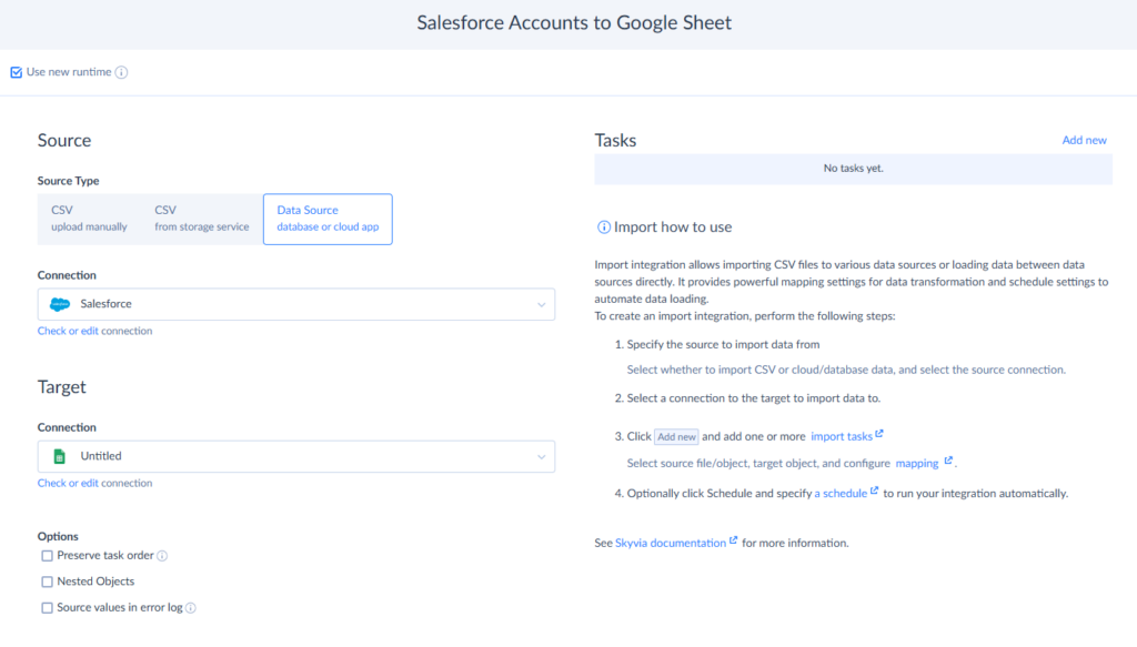 Salesforce Accounts to Google Sheets Import in Skyvia