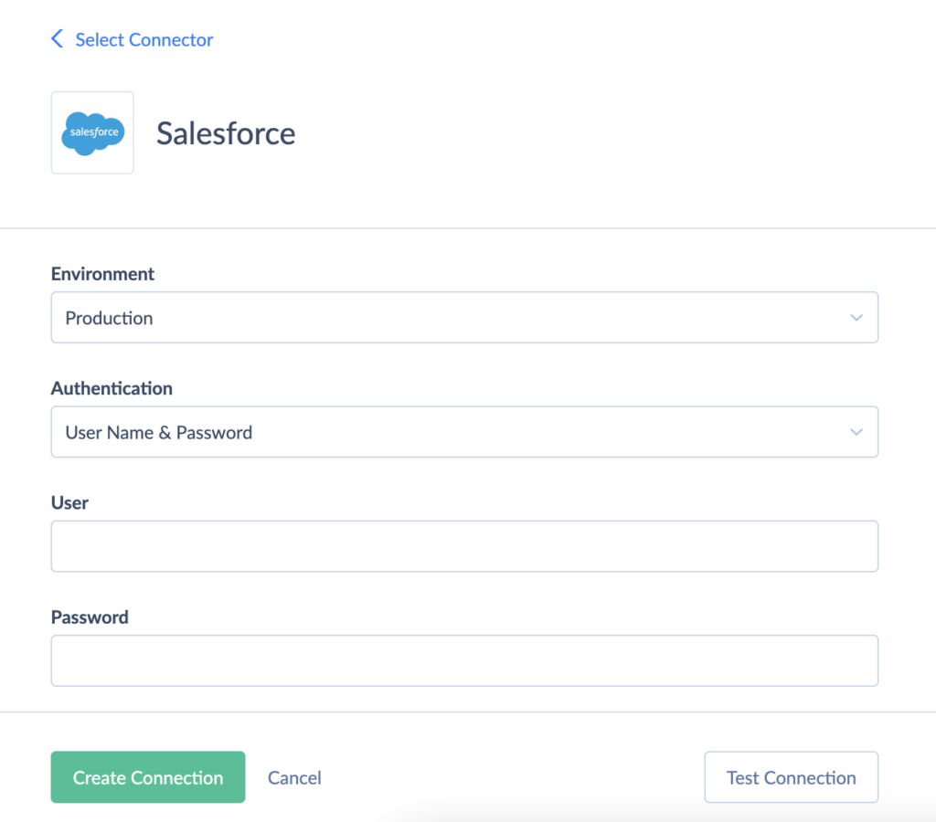 Skyvia connection setup for Salesforce, showing Environment, Authentication, User, and Password fields.