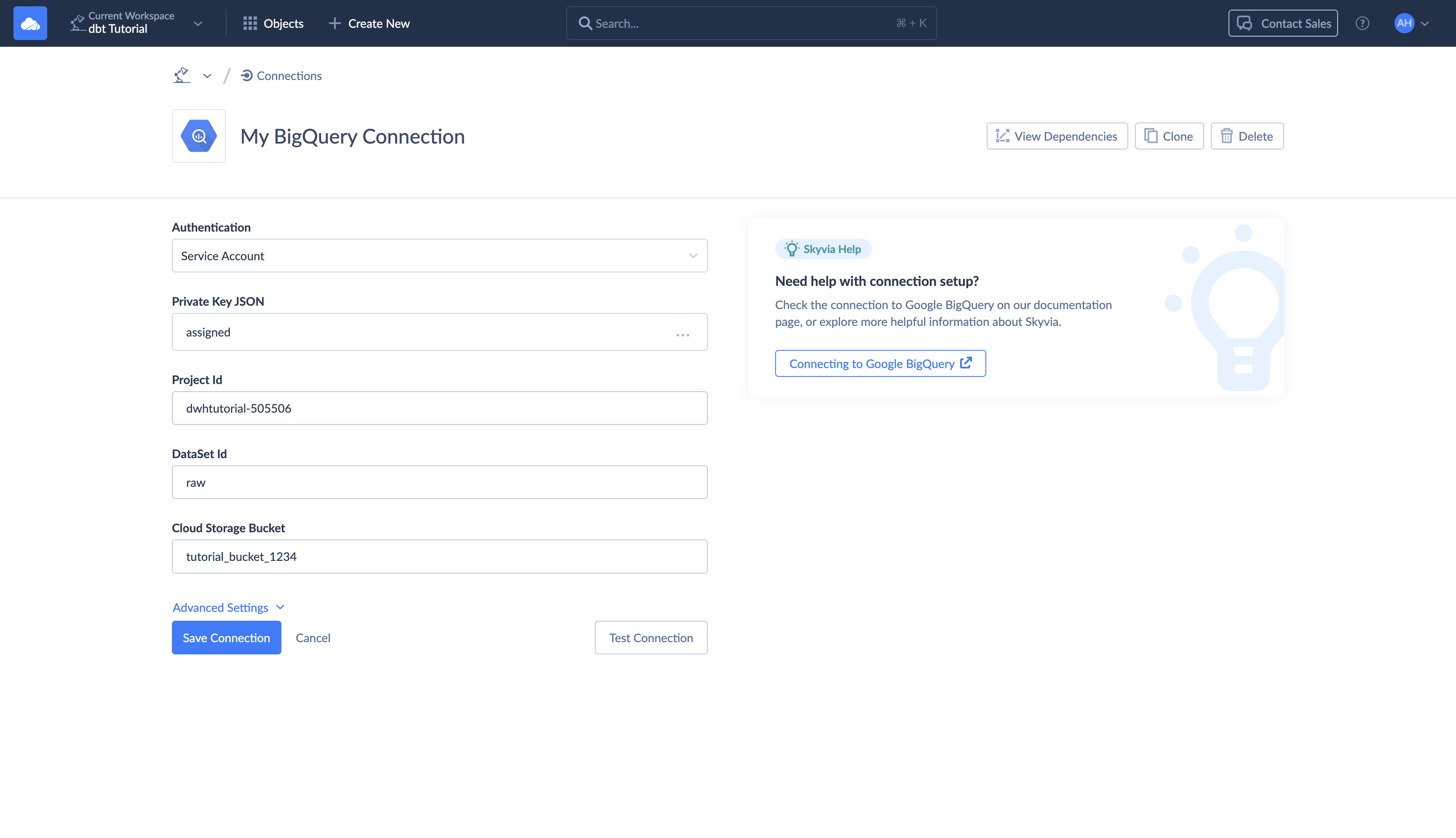 Google BigQuery connection settings in Skyvia with service account authentication