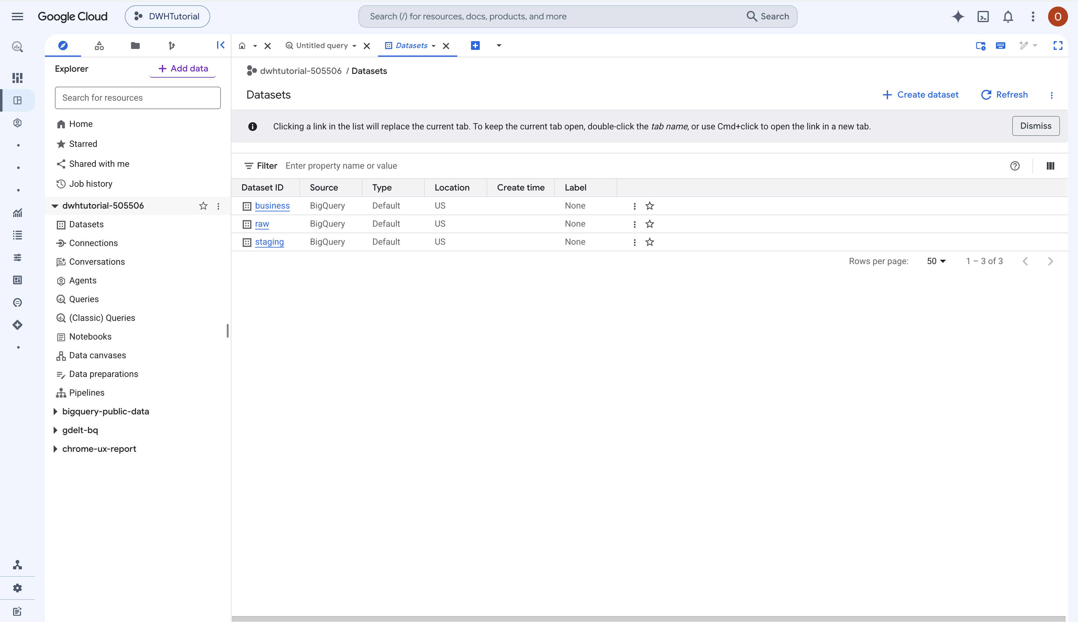 The raw, staging, and business datasets created in BigQuery Studio