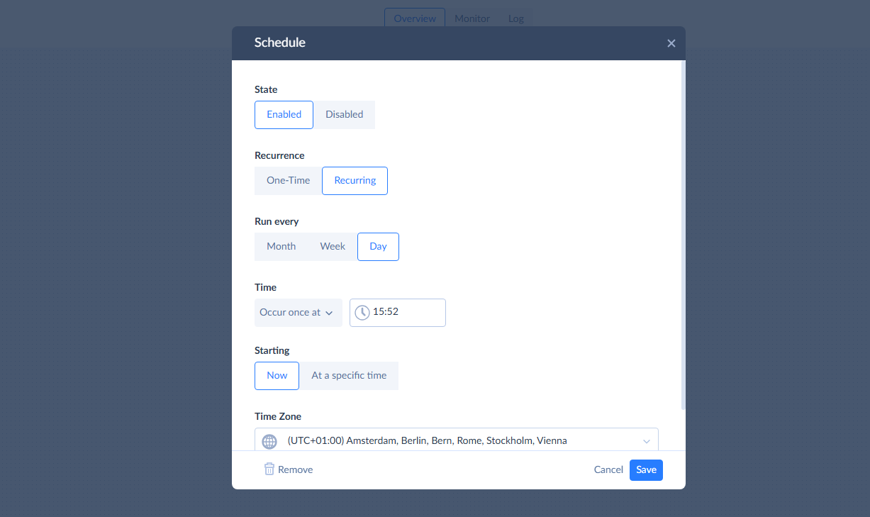 Schedule settings for the Skyvia Control Flow set to run daily