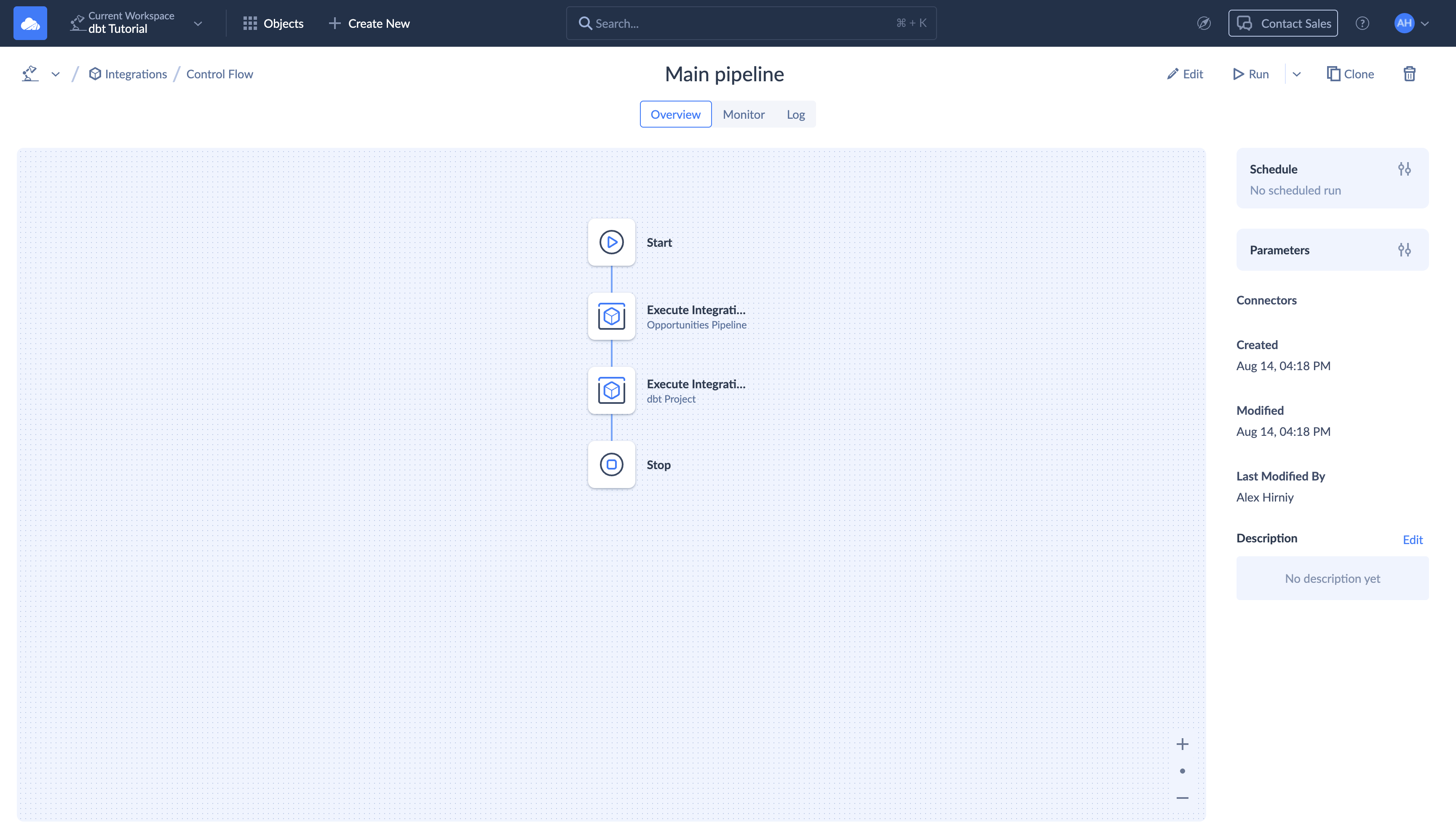 Skyvia Control Flow running the Salesforce Replication and then the dbt Transformation