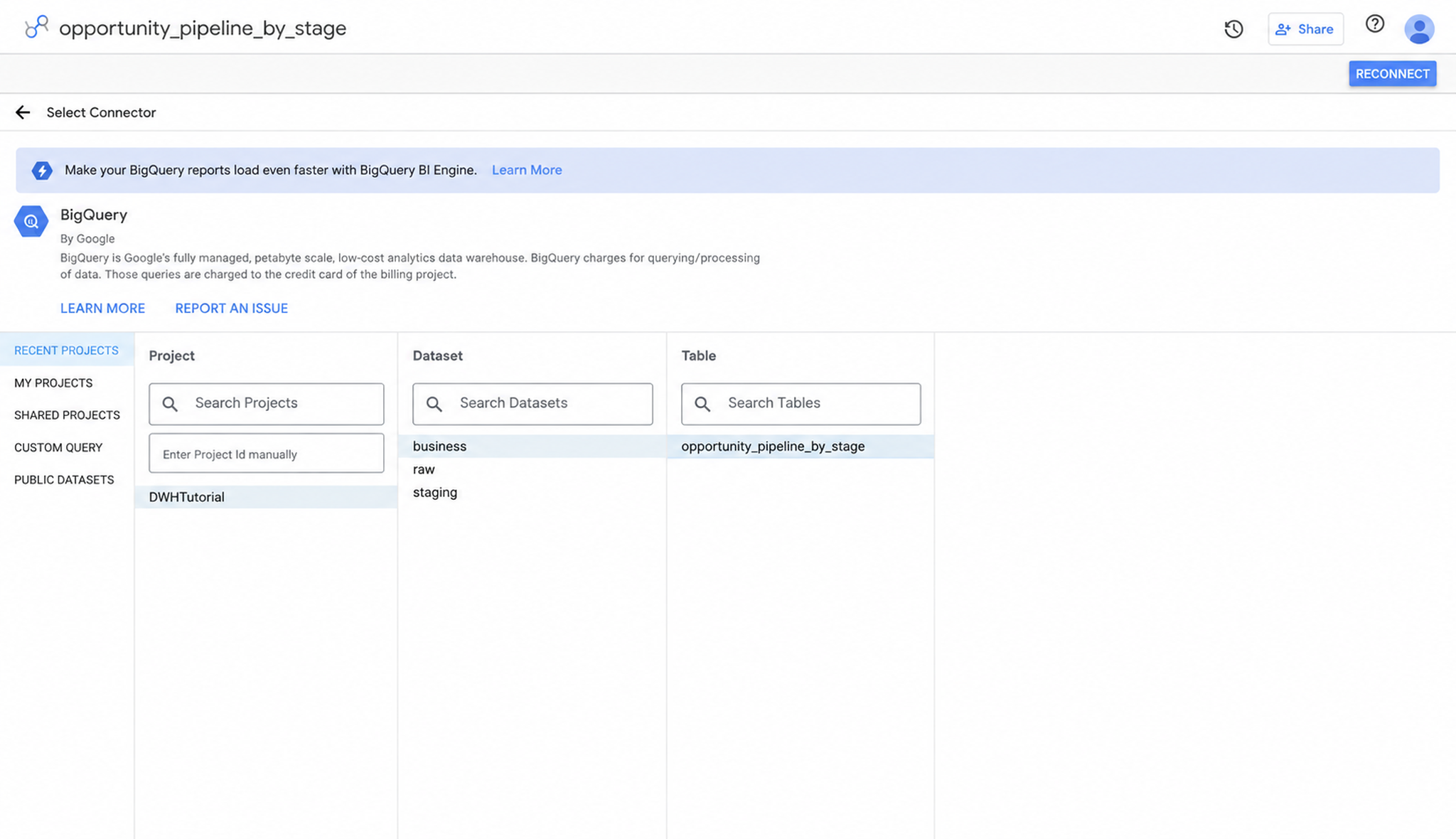 Selecting the opportunity_pipeline_by_stage table from the business dataset in Data Studio