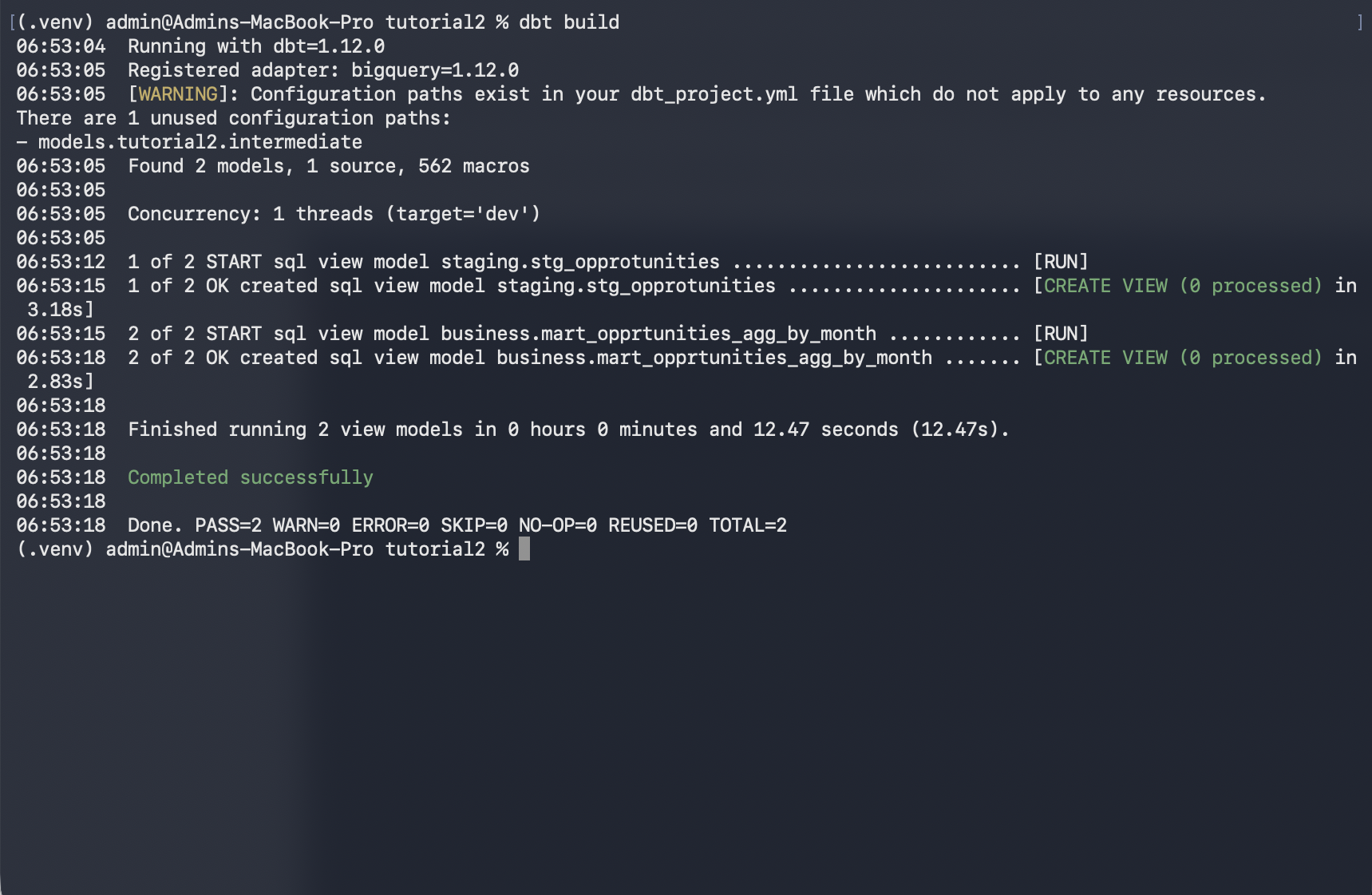 Successful dbt build run in the terminal