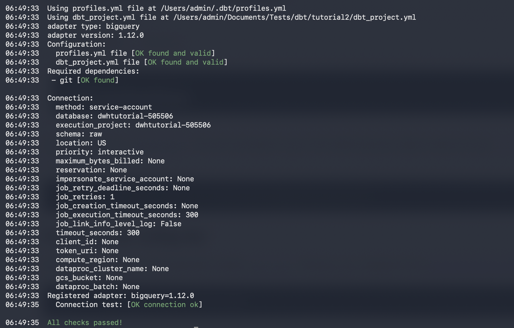 Successful dbt debug connection test against BigQuery