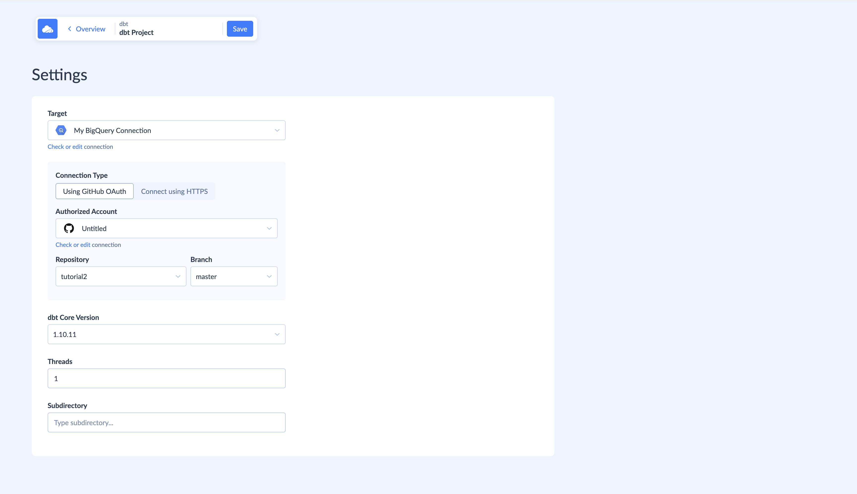 dbt Transformation settings in Skyvia with the GitHub repository and BigQuery target