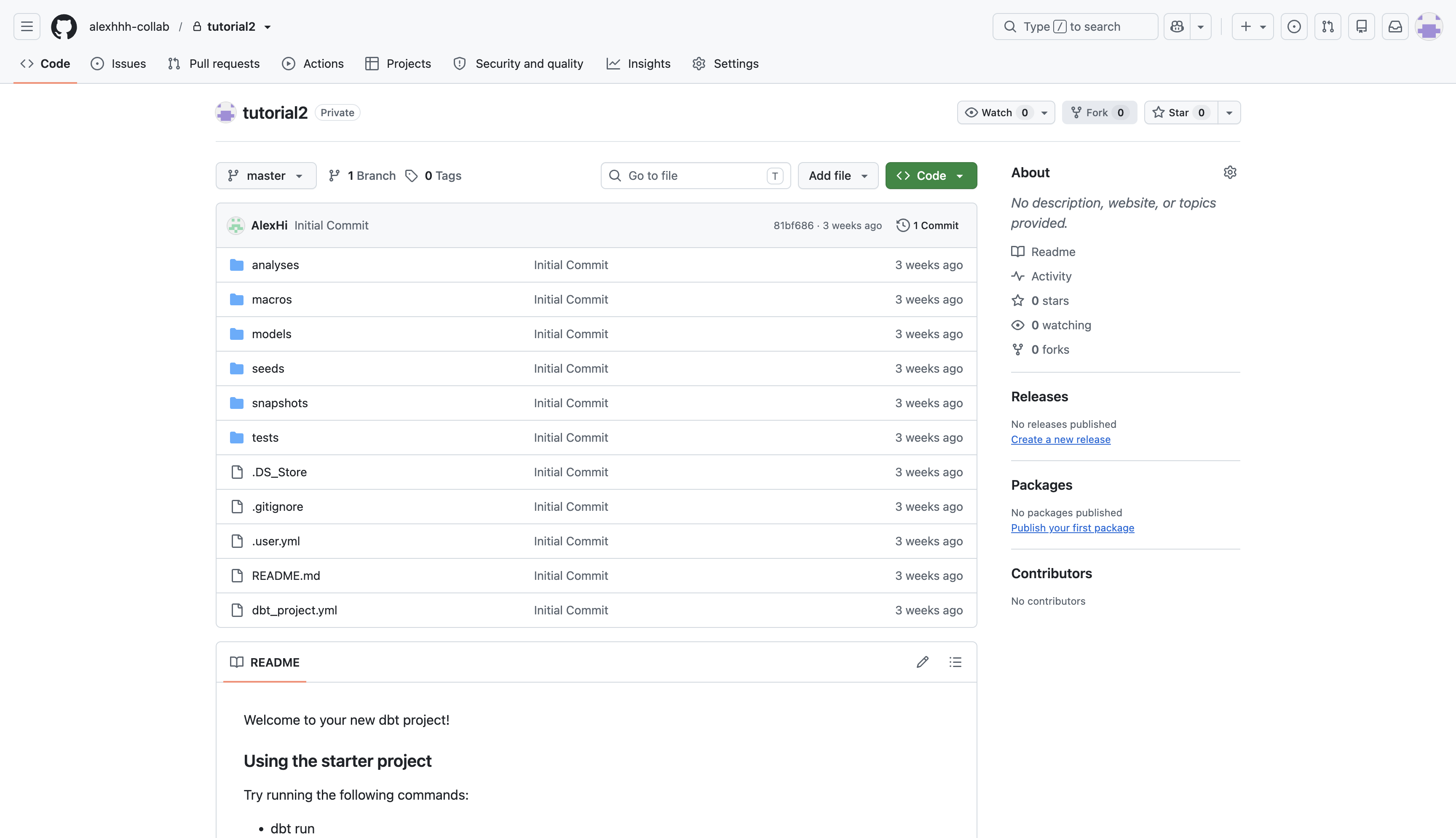 The dbt project files pushed to a GitHub repository