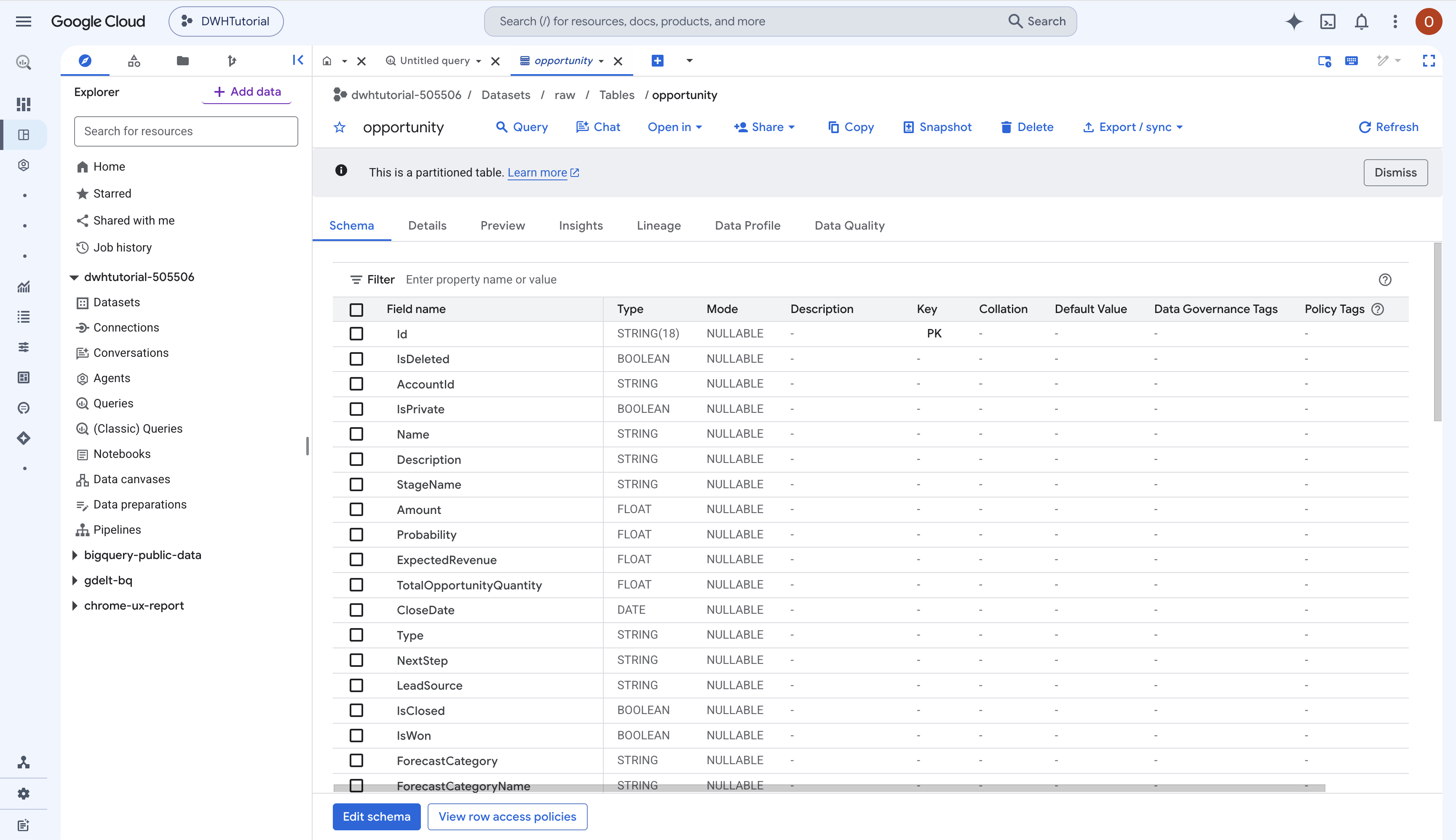 Preview of the raw.Opportunity table in BigQuery after the first replication run