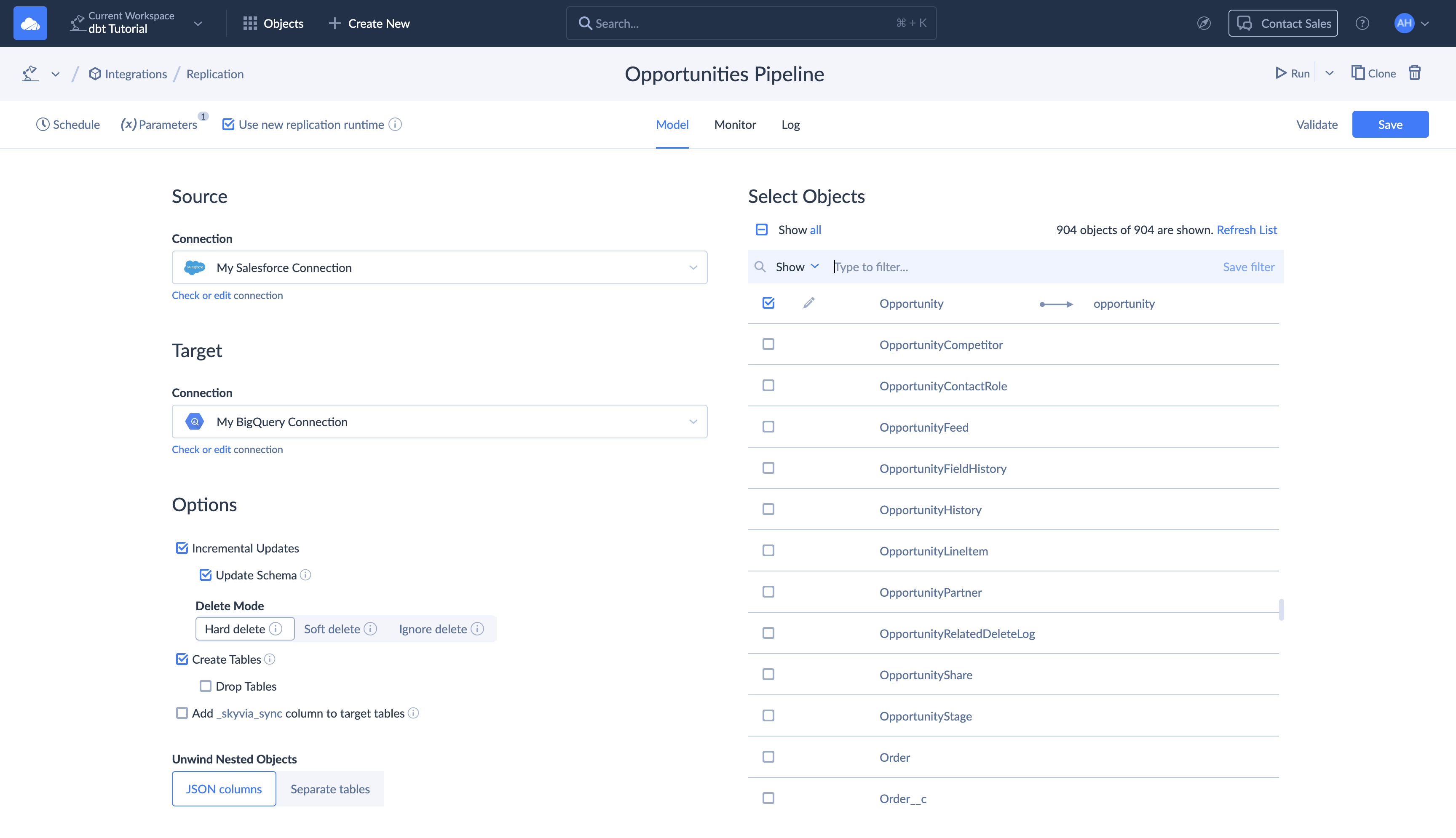Salesforce Opportunity object selected in Skyvia Replication settings