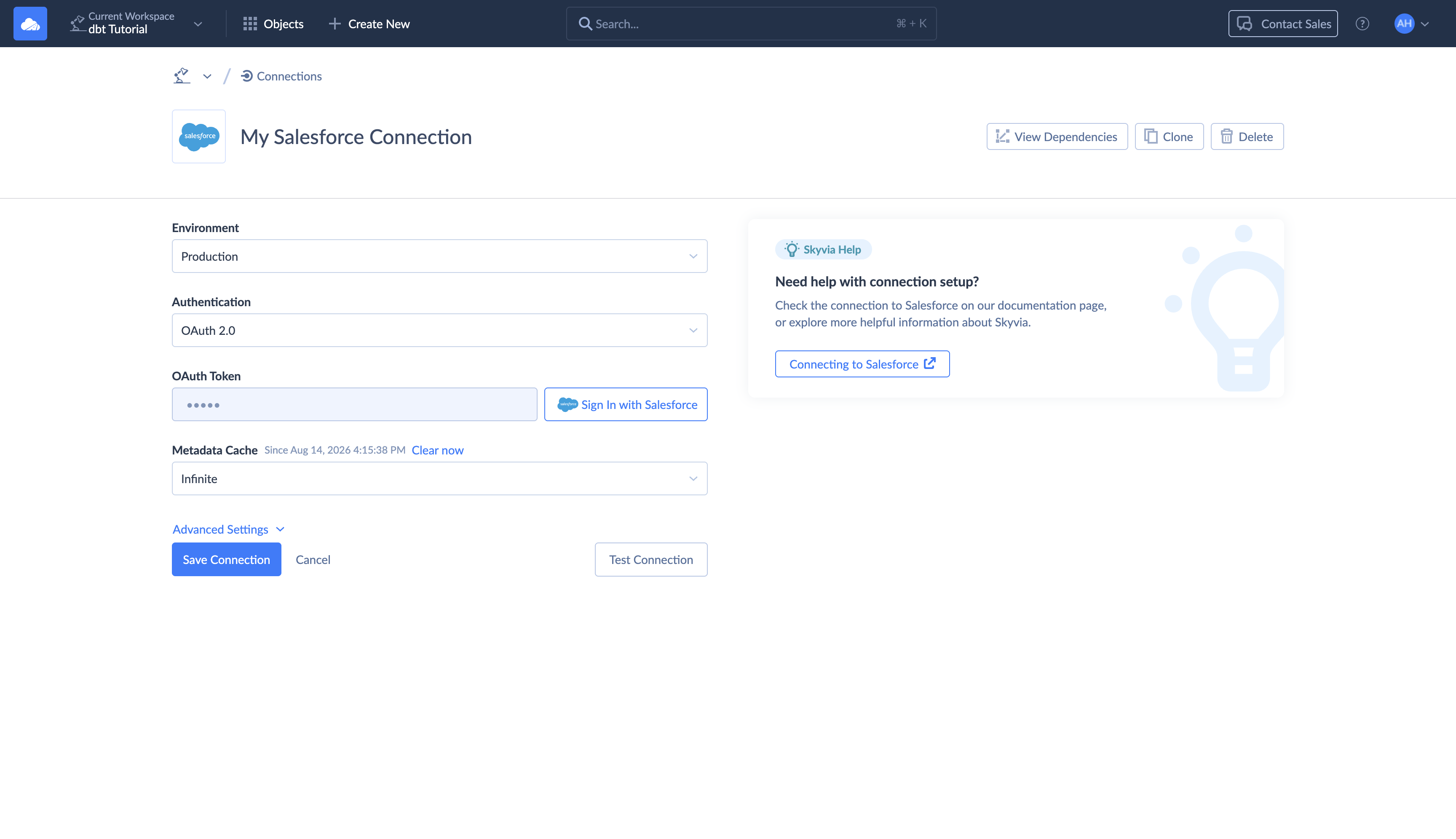 Salesforce connection settings in Skyvia
