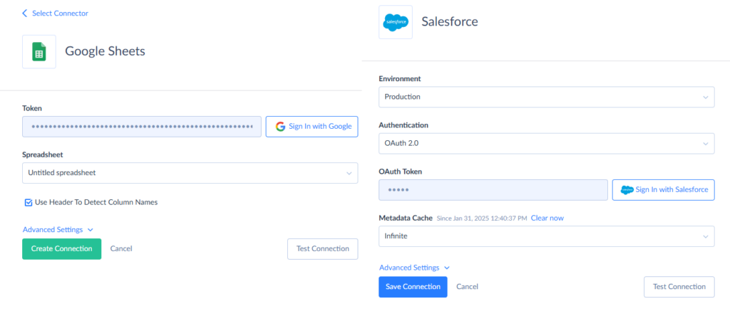Skyvia Connections to Google Sheets and Salesforce